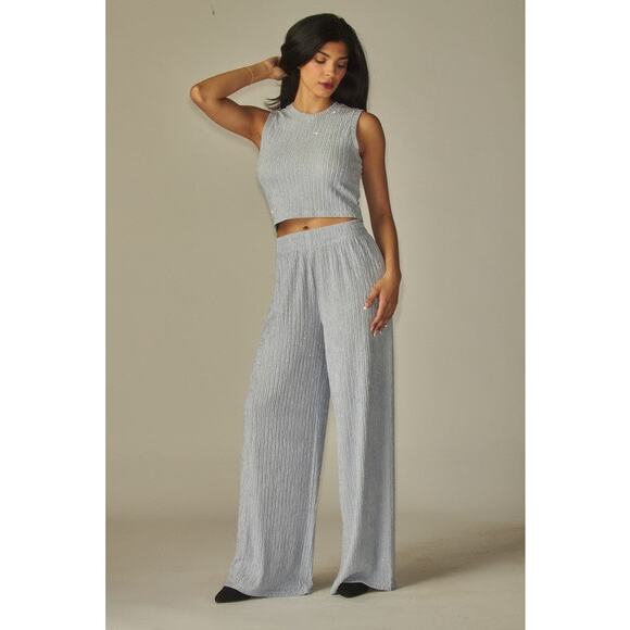 LOVE POEM SET Crinkled Rhinestone Embellished Crop Top *L & Wide Leg Pants *S - Picture 5 of 11